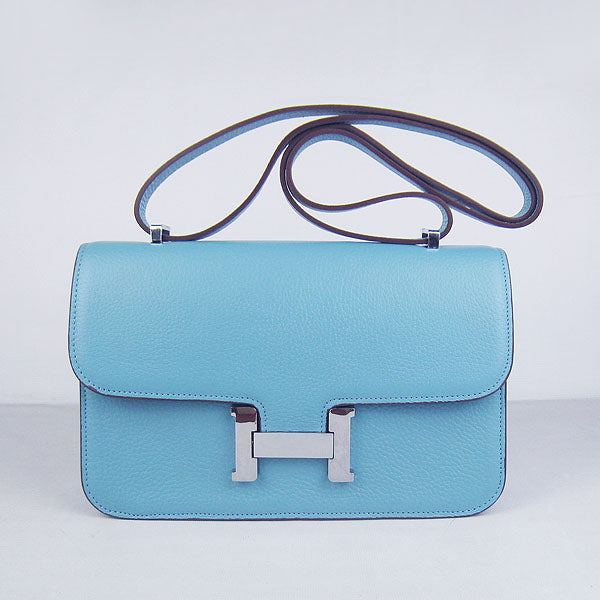 Luxury Hermes Calf Leather Message Bag Light Blue Silver