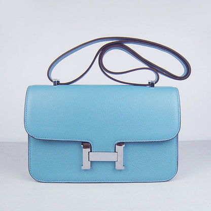 Luxury Hermes Calf Leather Message Bag Light Blue Silver