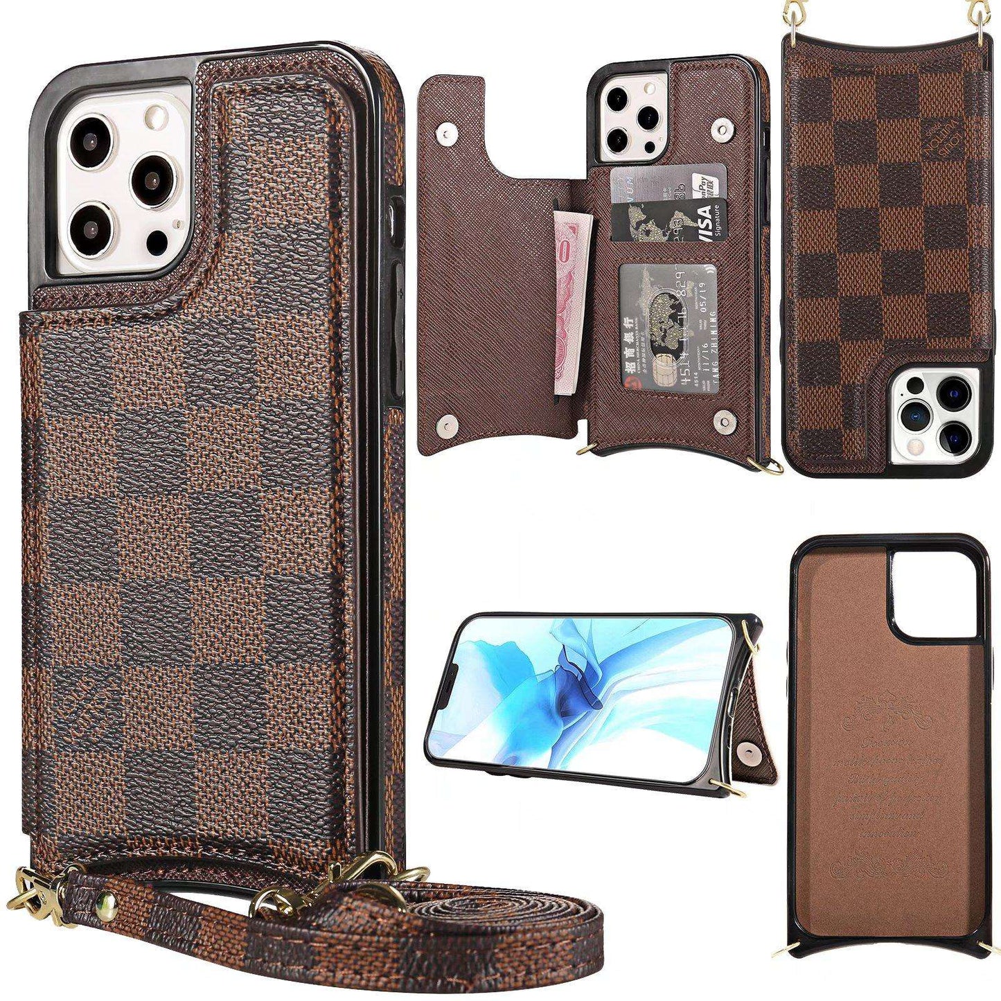 Crossbody Phone Case Designer Checkered Leather for iPhone