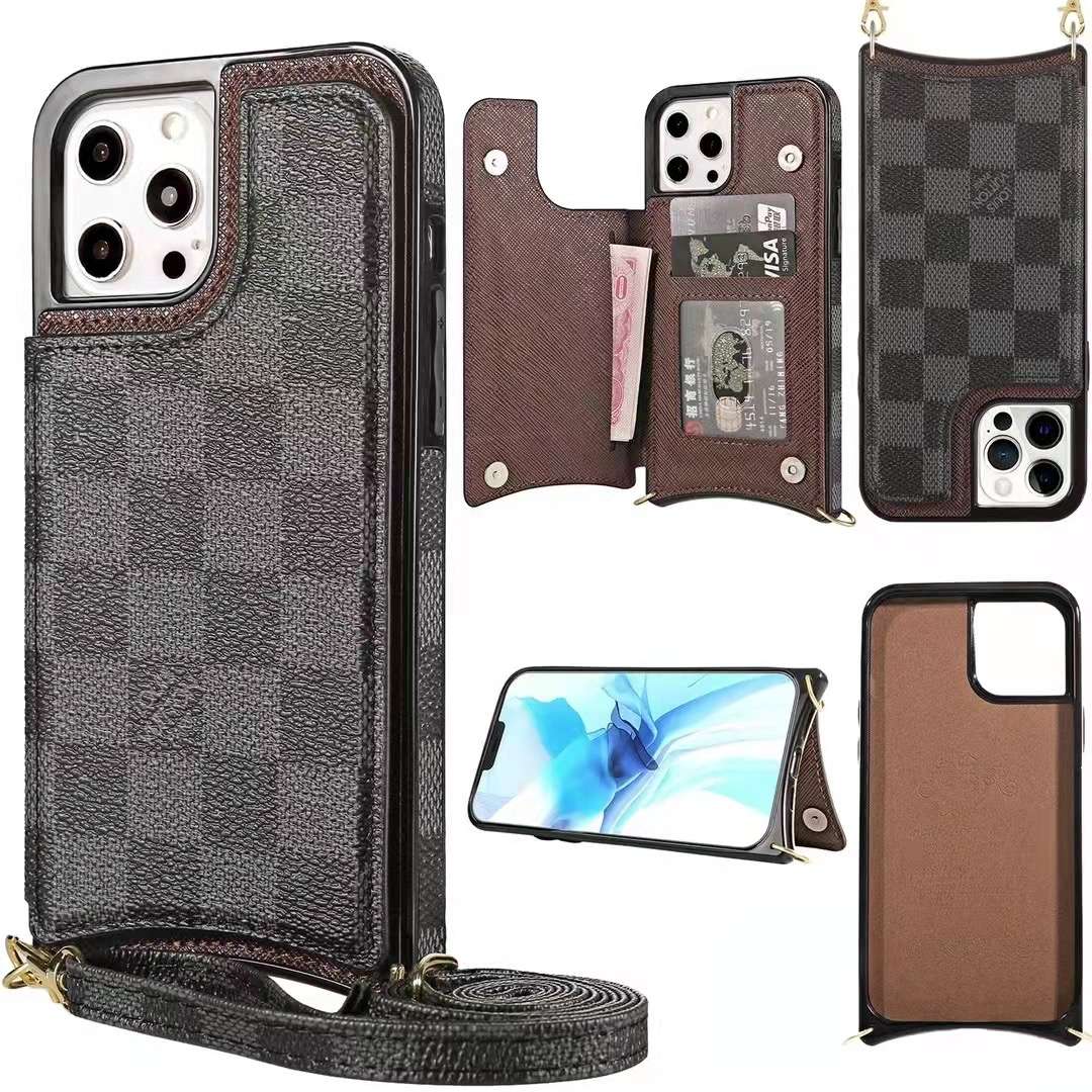 Luxury iPhone Wallet Case Black Checkered Leather