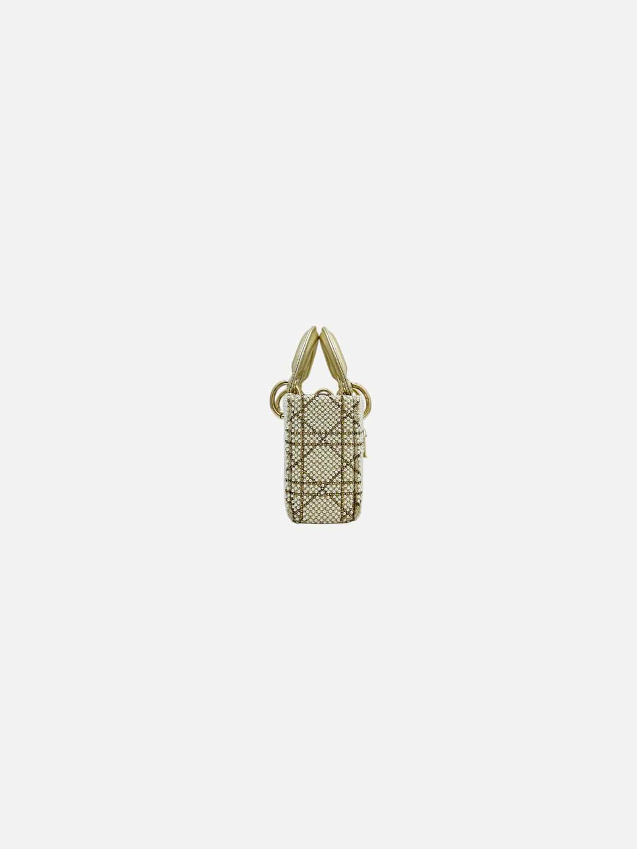 Christian Dior Lady D-Joy Size Micro Peral Embroidered Gold Leather Shoulder Bag