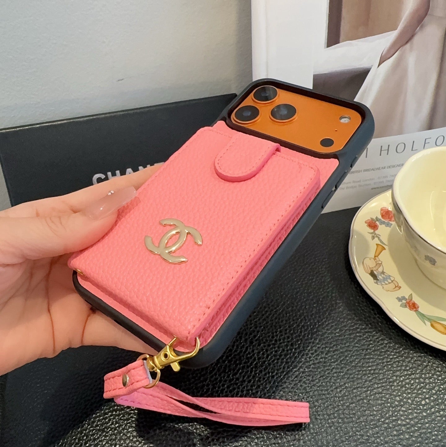 Chanel Style Leather Flip Card Holder Crossbody Phone Case