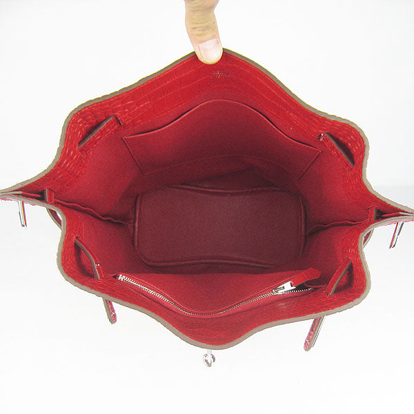 Luxury Hermes Crocodile Vein Shoulder Bag Red Silver