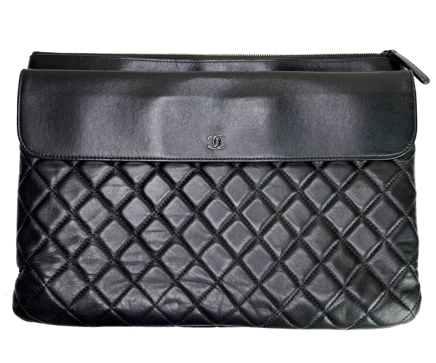 Chanel Black Leather Flap Quilted Large Clutch