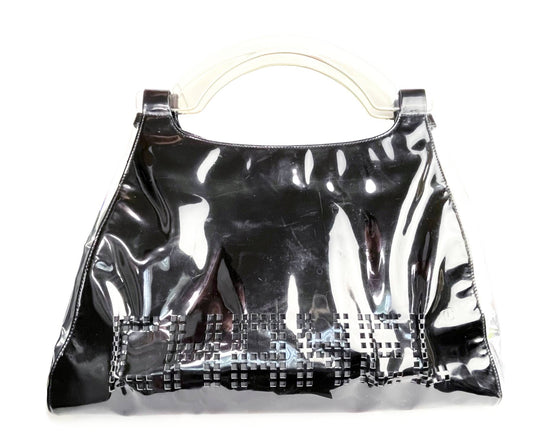 Chanel Black Patent Leather Punch Hole Clear Handle XXL Handbag