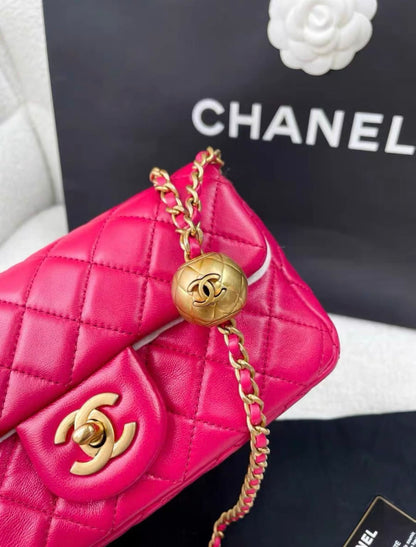 Chanel Rose Red Gold Ball Cf Large Mini Chain Bag