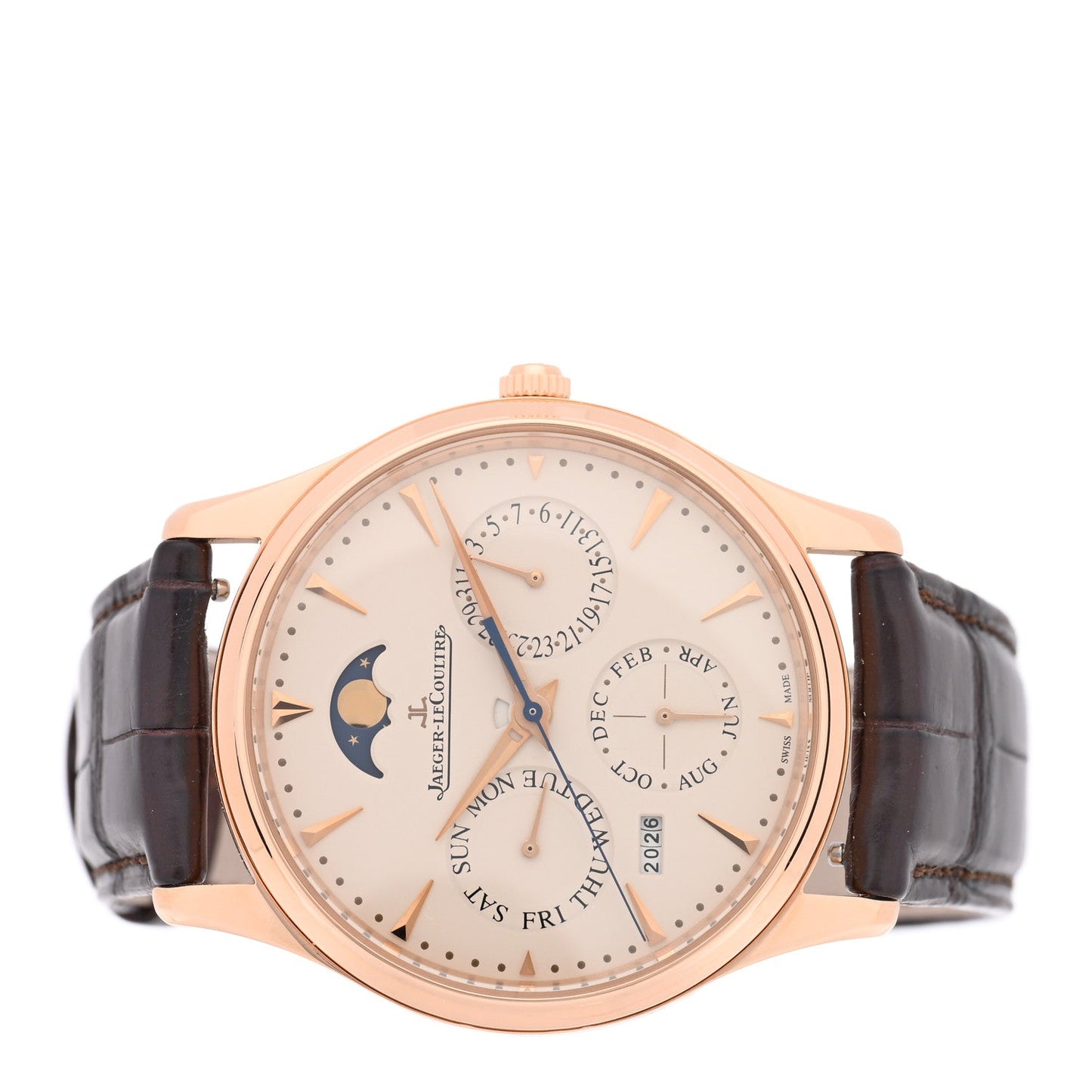 18K Pink Gold Alligator 39mm Master Ultra Thin Perpetual Calendar Automatic Watch Beige Q1303520