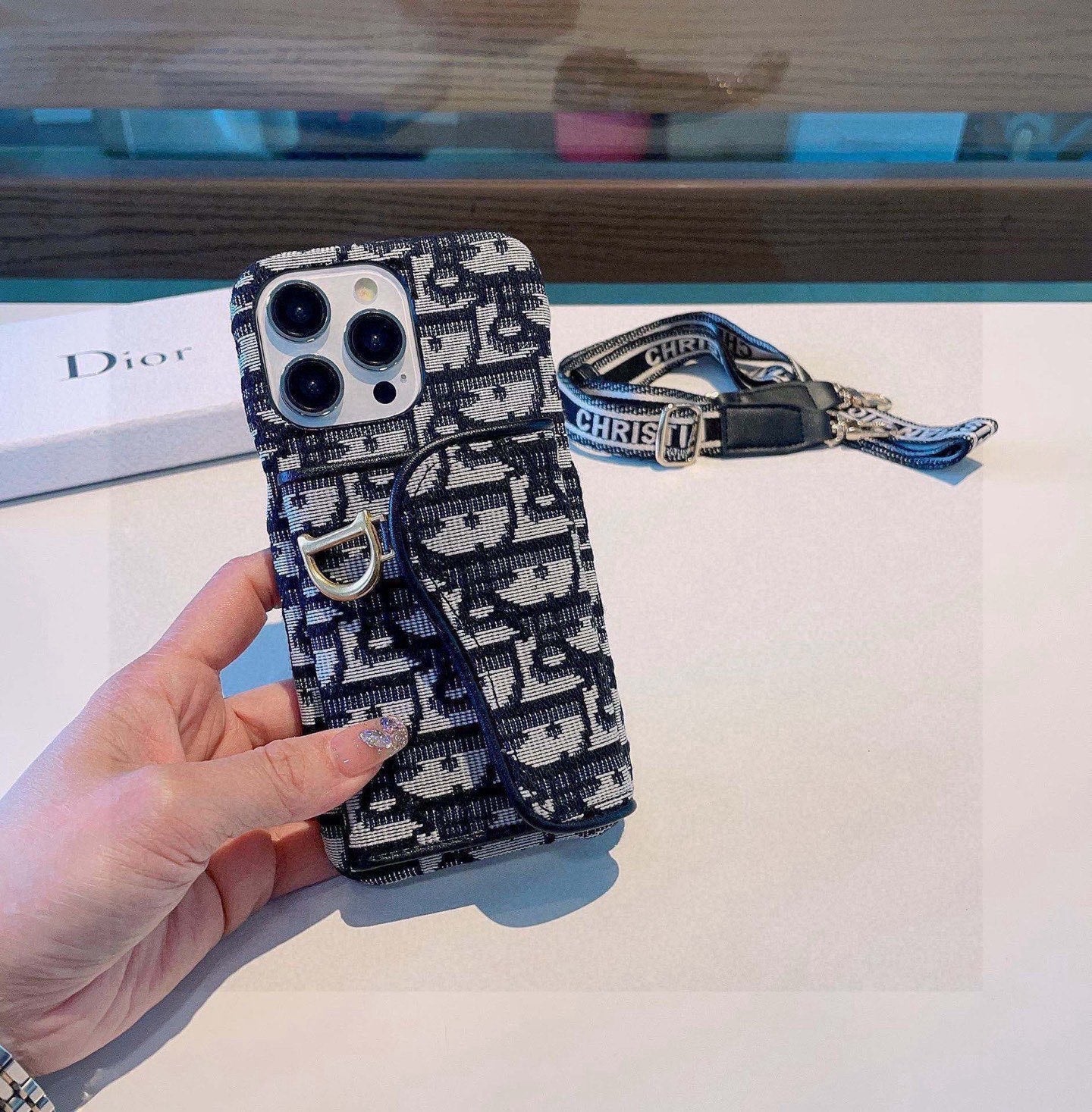 Dior Montaigne Card Holder Phone Case Embroidered Strap