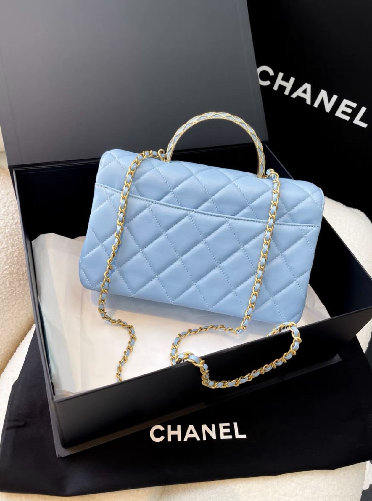 Chanel 23A Sky Blue Gold Hardware Chain Top Handle Quilted Leather Bag