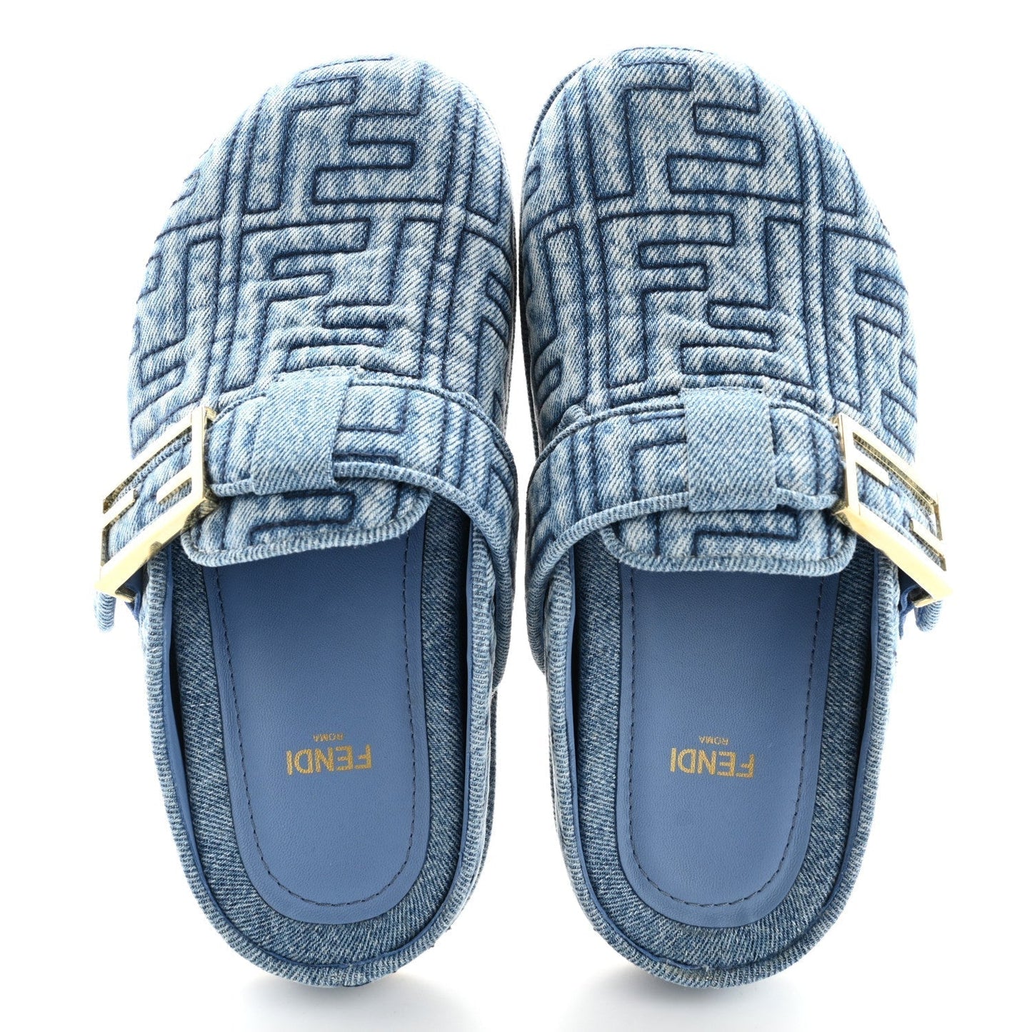 Fendi Denim Jacquard FF Womens Feel Buckled Mules 35 Blue