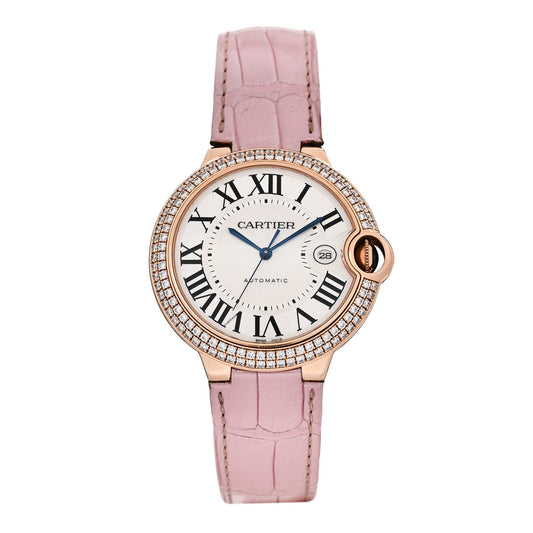 18K Pink Gold Alligator Diamond Bezel 42mm Ballon Bleu De Cartier Automatic Watch Pink