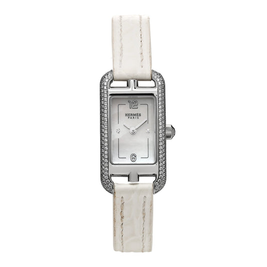 Stainless Steel Alligator Diamond Bezel Mother of Pearl 17mm Nantucket Quartz Watch Blanc