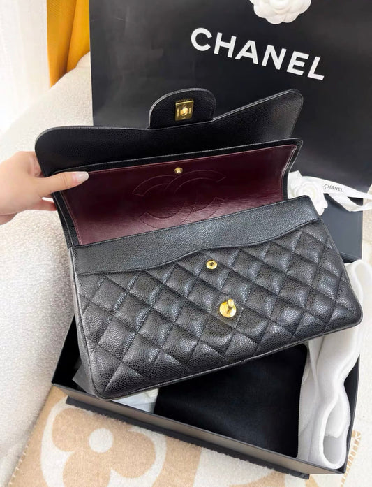 Chanel Black Lychee Leather Cf Large Jumbo Chain Bag