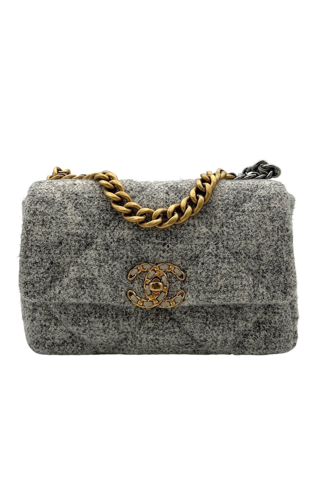 Chanel Small Tweed Gold Grey Shoulder Bag