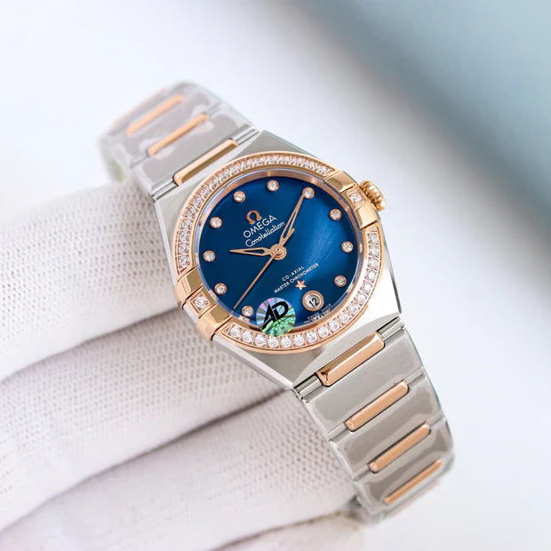 Omega Constellation 29mm Steel Rose Gold Diamond Benzel Blue Dial