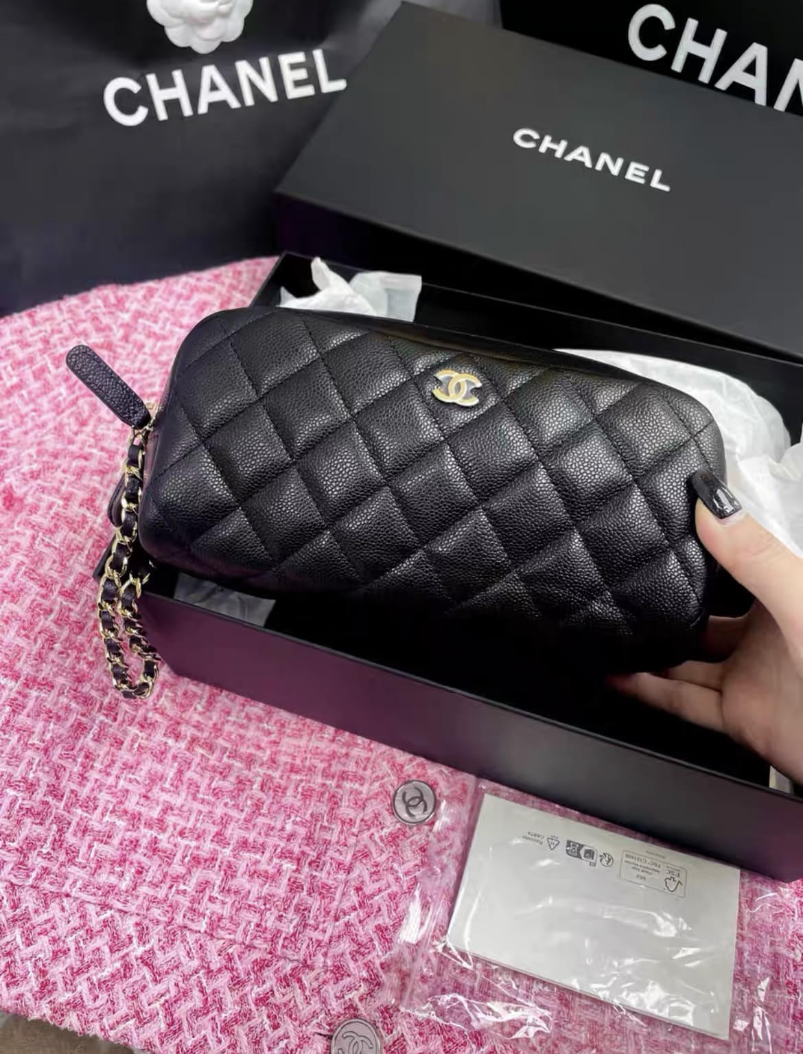 Chanel 24 Black Gold Lychee Leather Makeup Toiletry Bag Clutch