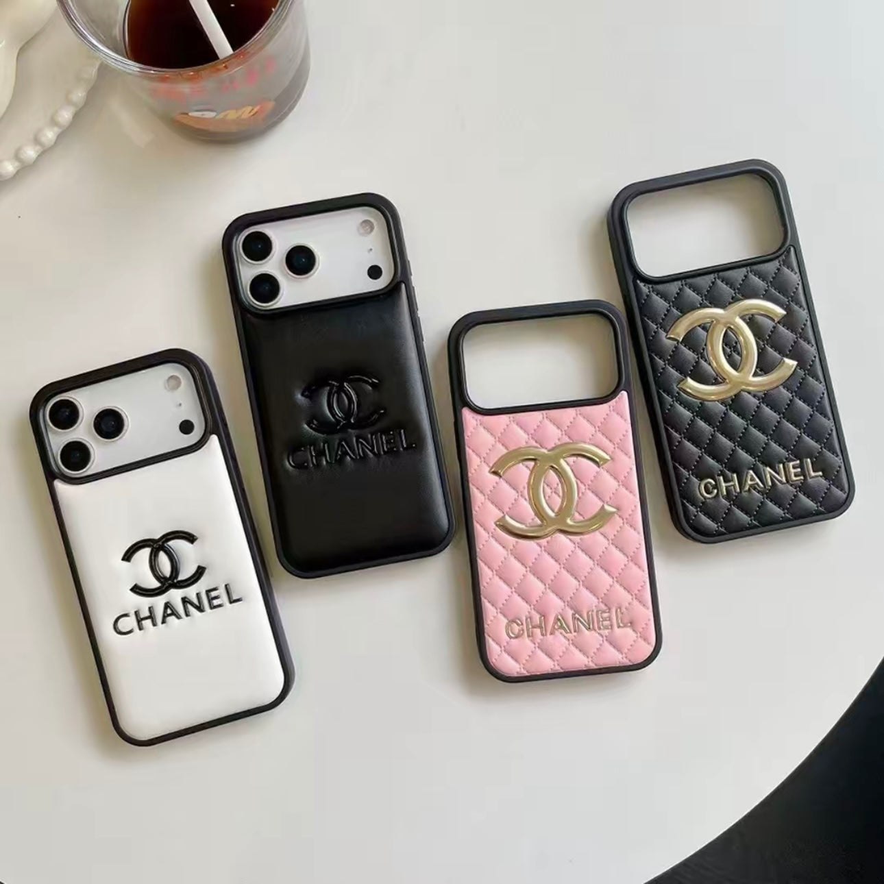 Chanel Classic Quilted Leather 3D Gold Logo Luxury Phone Case