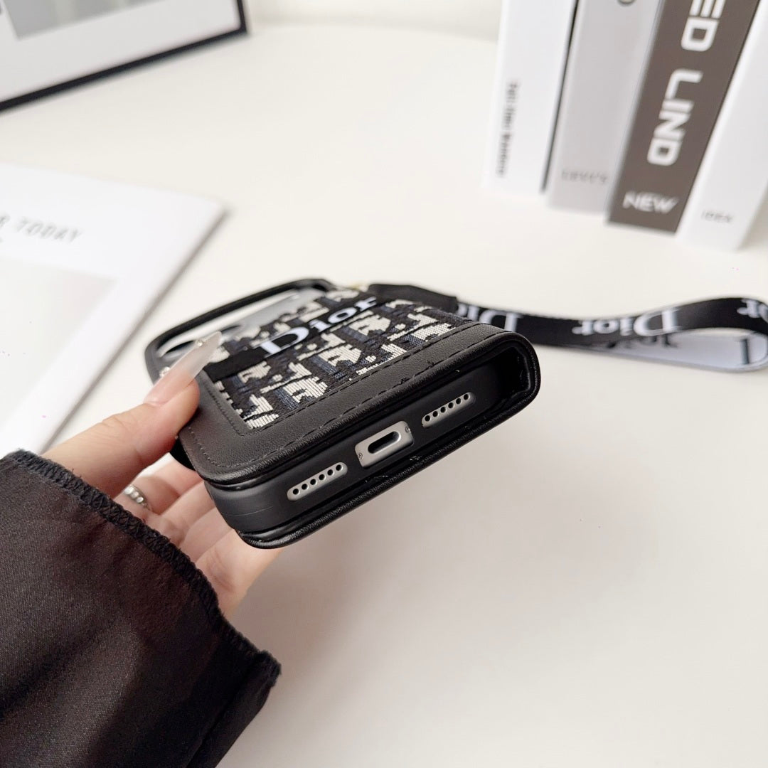 Dior Oblique Monogram Flip Wallet Phone Case With Brand Wrist Strap