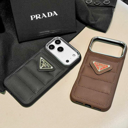 Luxury Quilted Leather iPhone Case with Card Pocket & Metal Logo