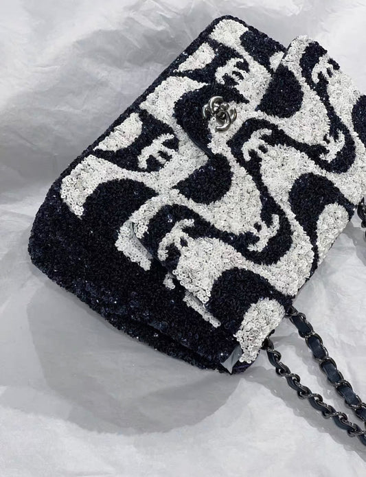 Chanel 21C Black And White Sequin Graffiti Logo Medium Classic Single Flap Ruthenium Hardware
