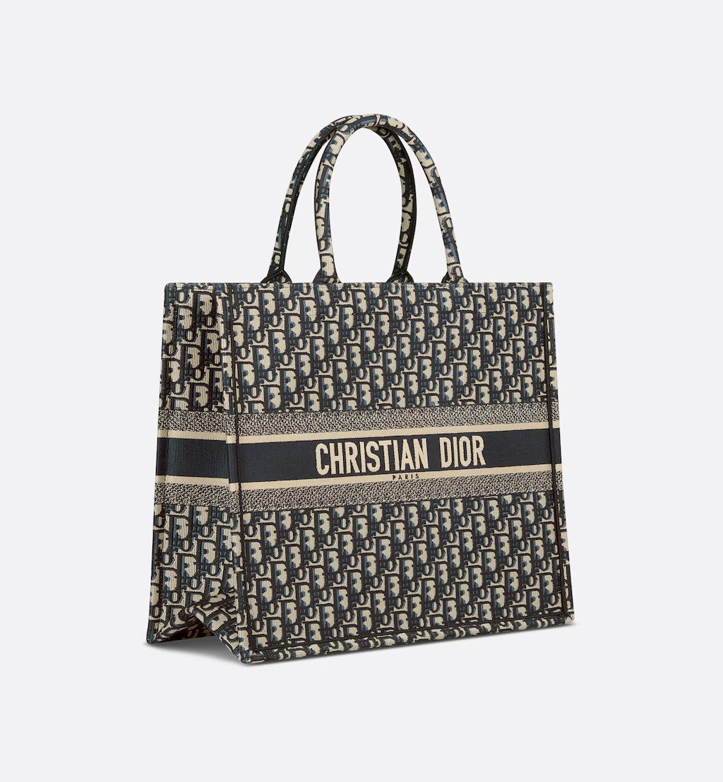 DIOR ECRU & BLUE OBLIQUE EMBROIDERY LARGE BOOK TOTE BAG