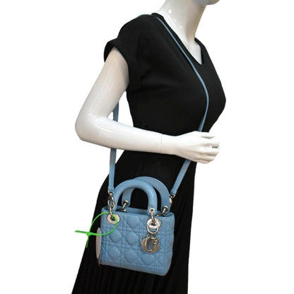 CHRISTIAN DIOR Mini Lady Dior Cannage Lambskin Leather Shoulder Bag Blue