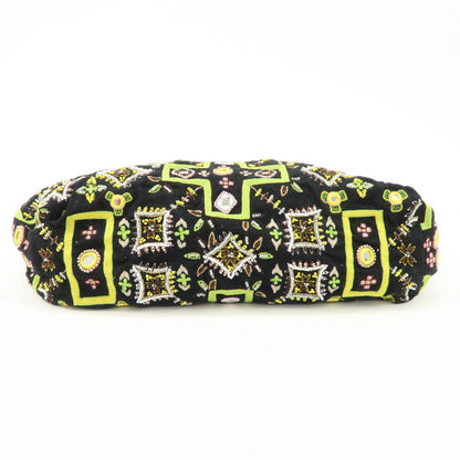 FENDI Canvas Leather Beaded Embroidery Tote Bag Hand Bag Black
