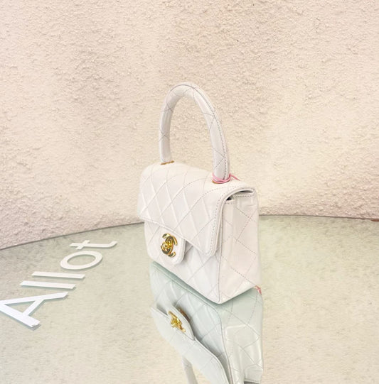 Chanel White Quilted Lambskin Cc Top Handle Mini Kelly Bag Gold Hardware 1994