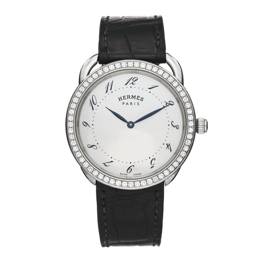 Stainless Steel Alligator Diamond Bezel Mother of Pearl 38mm Arceau Quartz Watch Noir