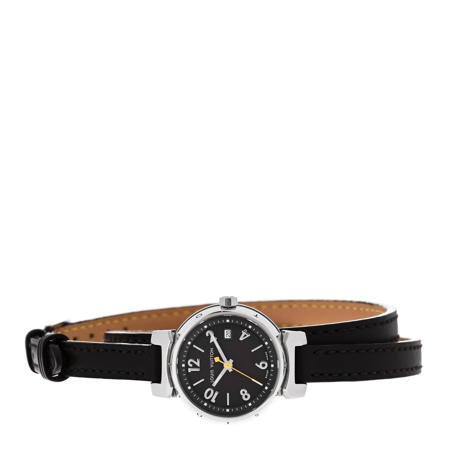 Stainless Steel Calfskin 28mm Tambour Triple Wrap Quartz Watch Brown