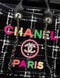 Chanel 22Aw Black And White Plaid With Colorful Letters Woolen Beach Bag