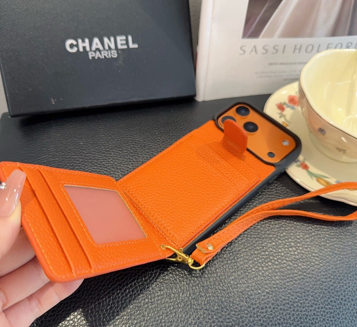 Chanel Style Leather Flip Card Holder Crossbody Phone Case