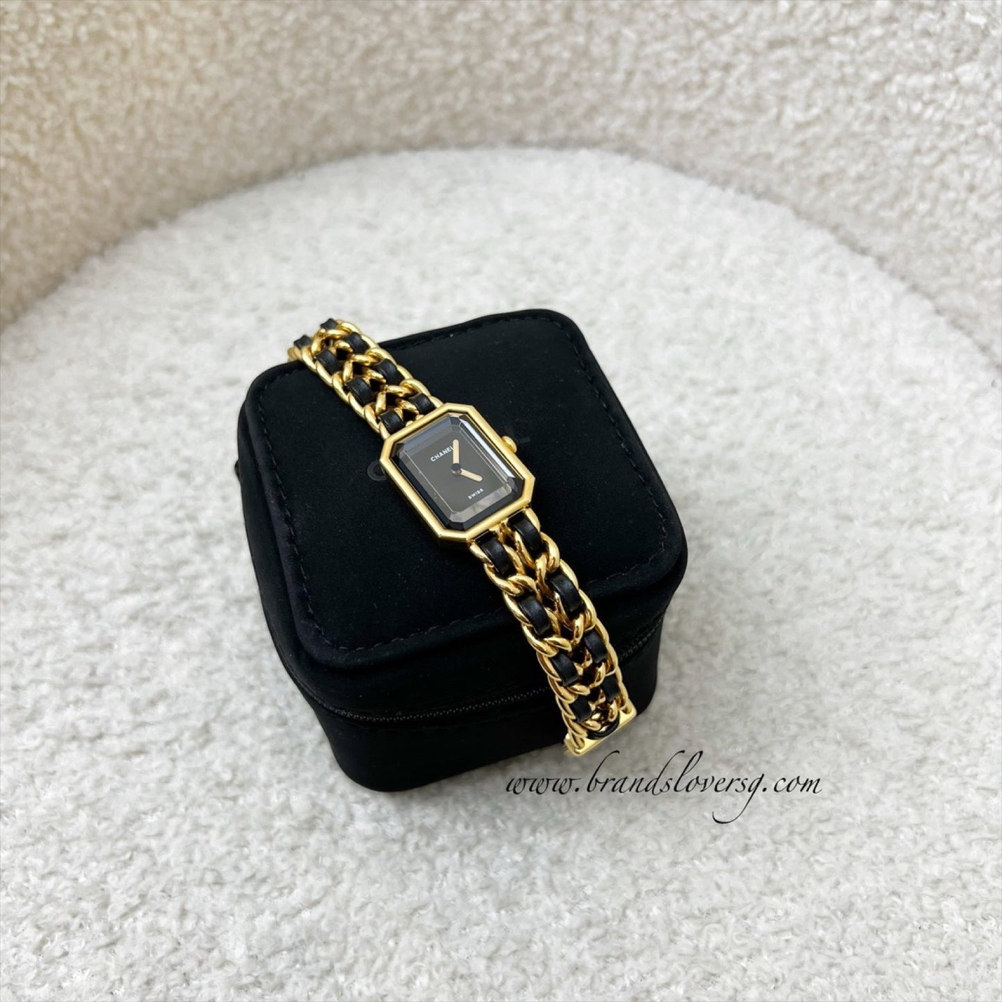 Chanel Vintage Premiere Watch in 24K Gold Plated HW and Black Leather Size S
