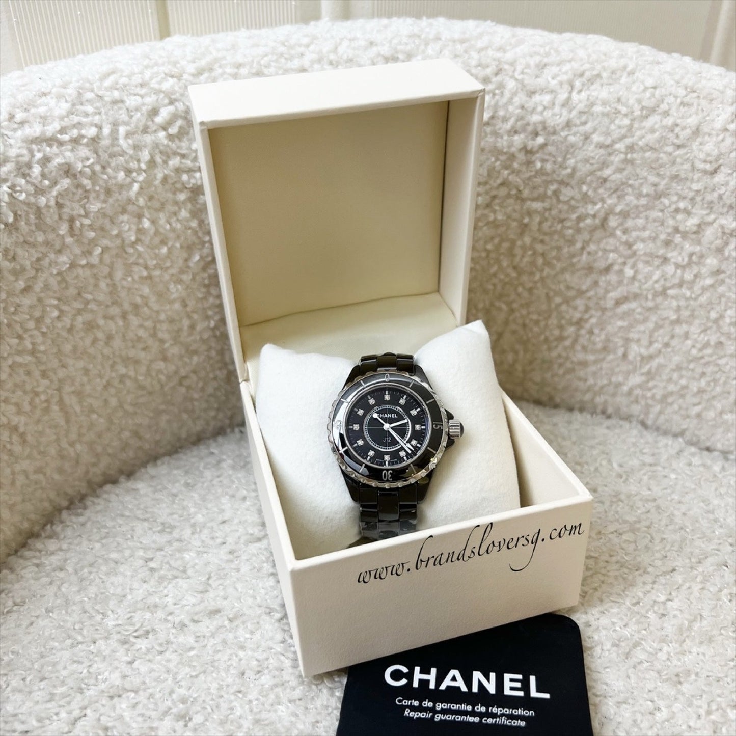 Chanel J12 Watch 33mm with 12 Diamonds in Black Ceramic Bracelet and Steel (2 Extra Links) (Model: H1625)