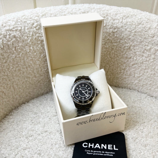 Chanel J12 Watch 33mm with 12 Diamonds in Black Ceramic Bracelet and Steel (2 Extra Links) (Model: H1625)