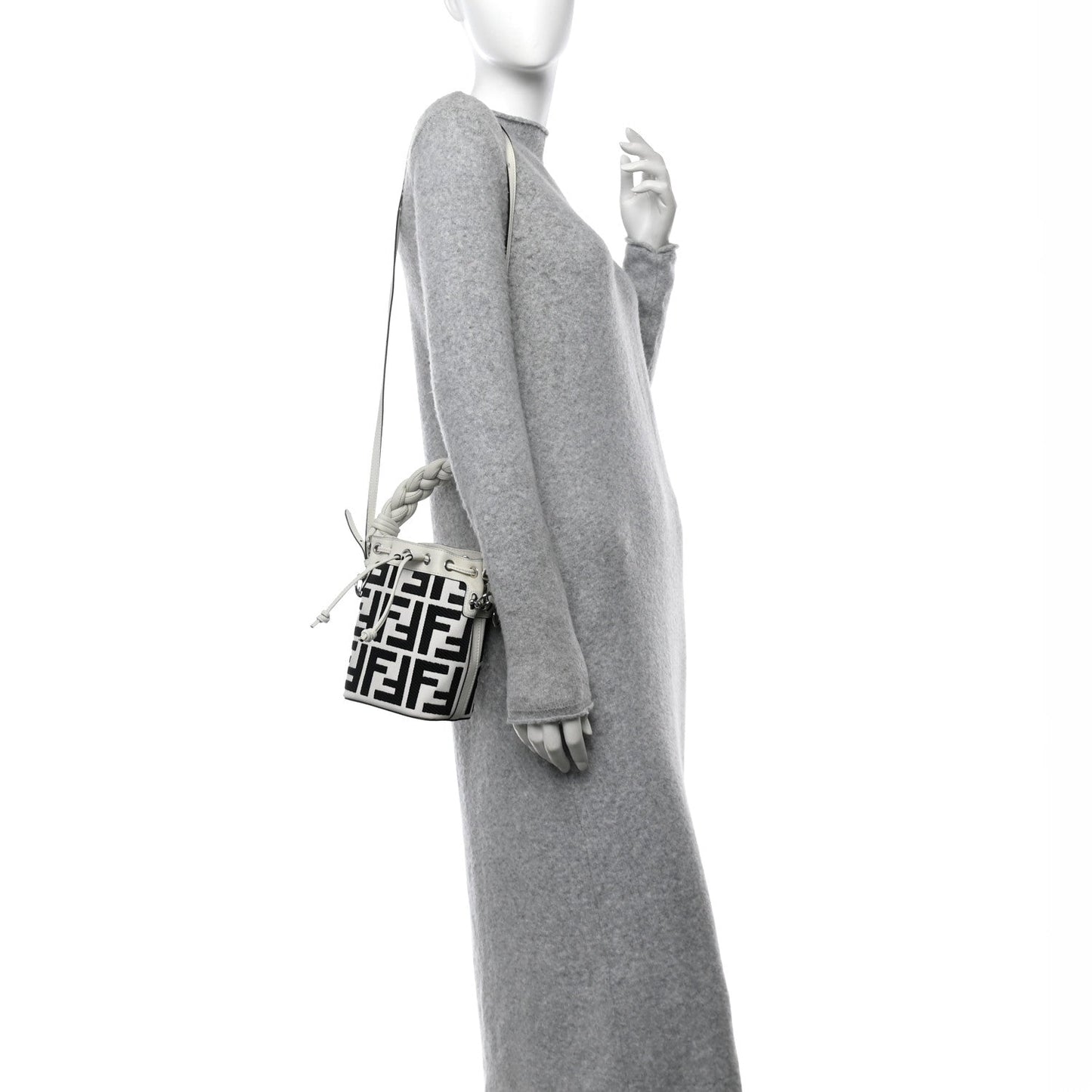 Fendi Canvas Nappa F is FF Embroidered Mini Mon Tresor Bucket Bag White Black