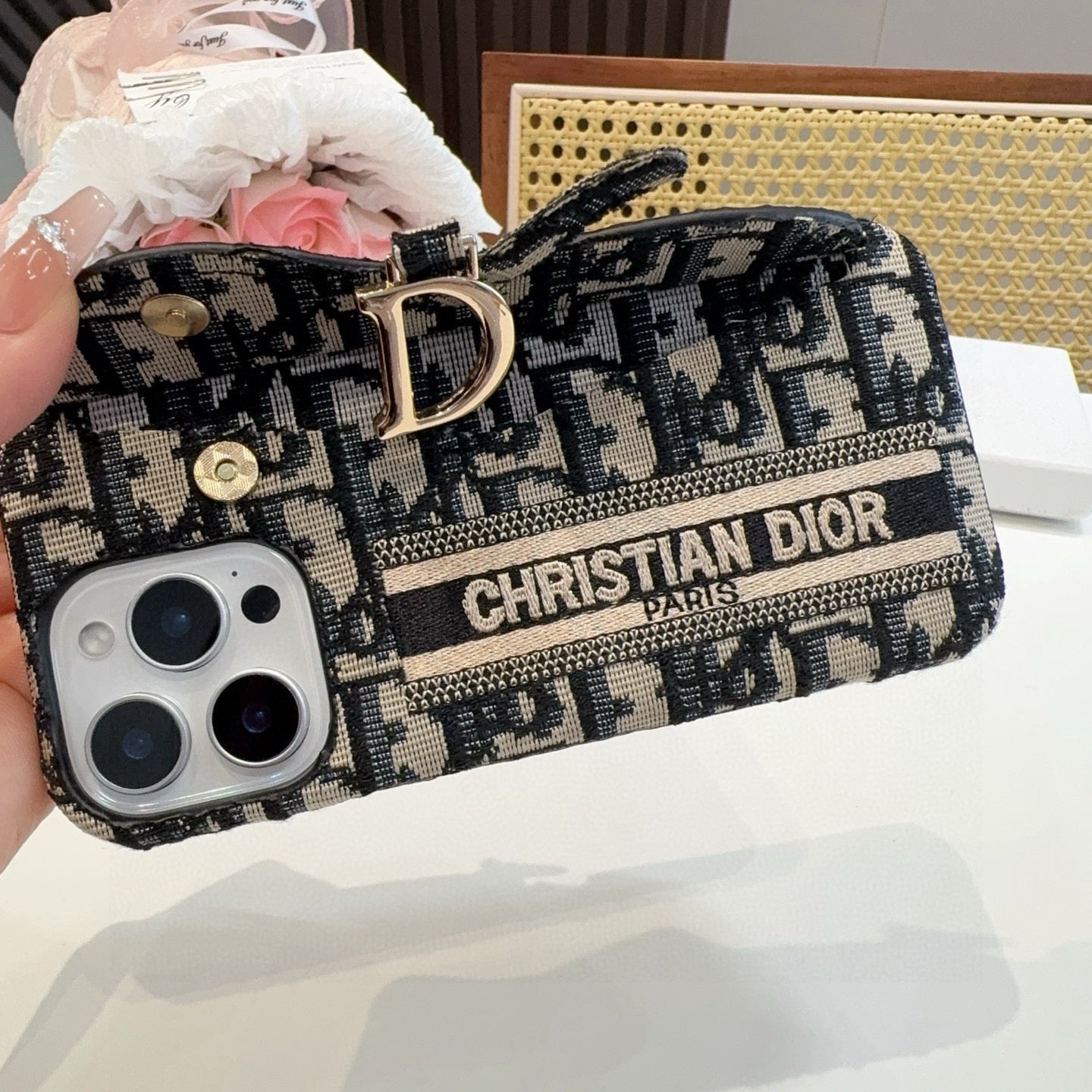 Dior Embroidered Fabric Card Holder Phone Case