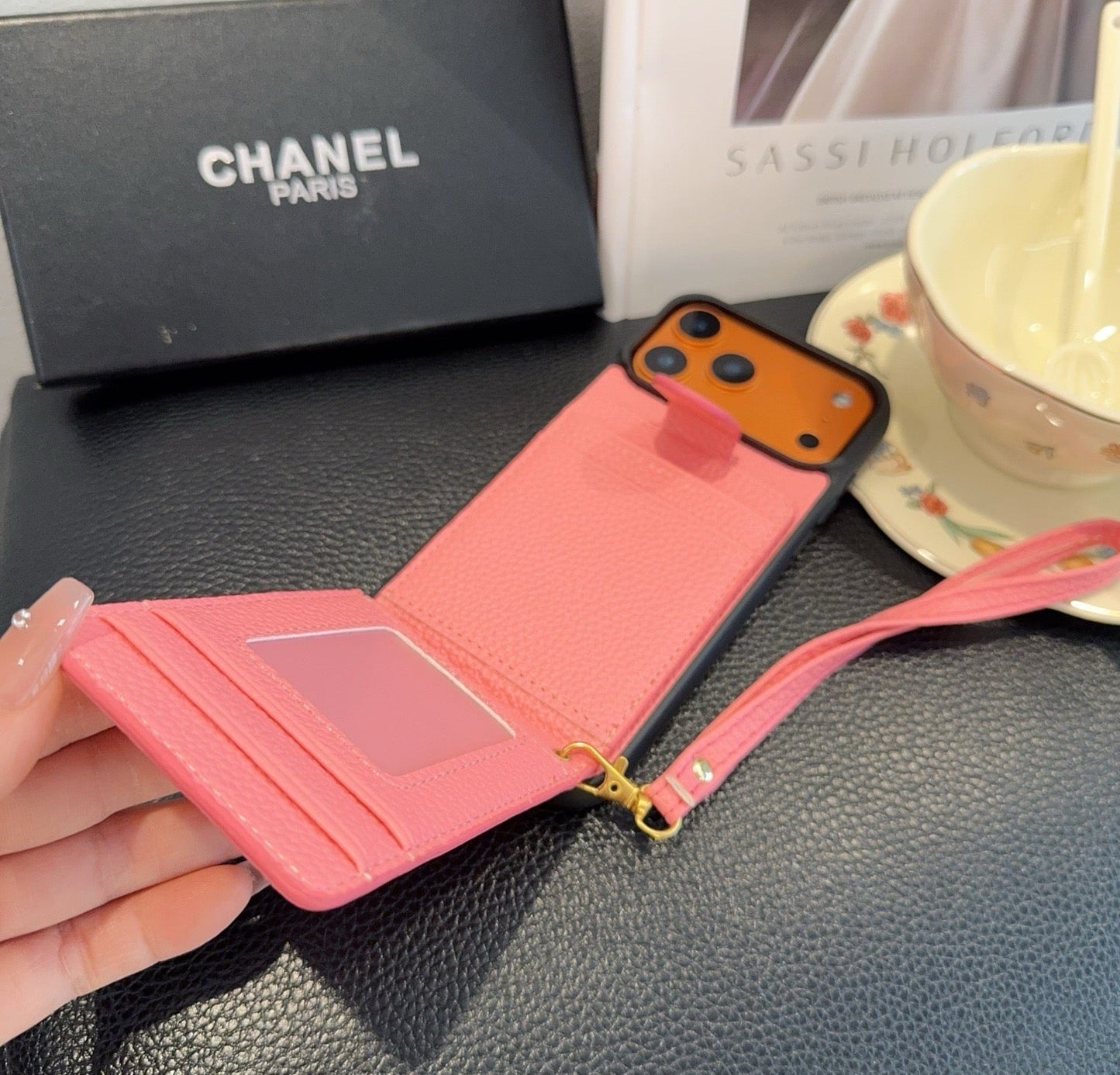 Chanel Style Leather Flip Card Holder Crossbody Phone Case