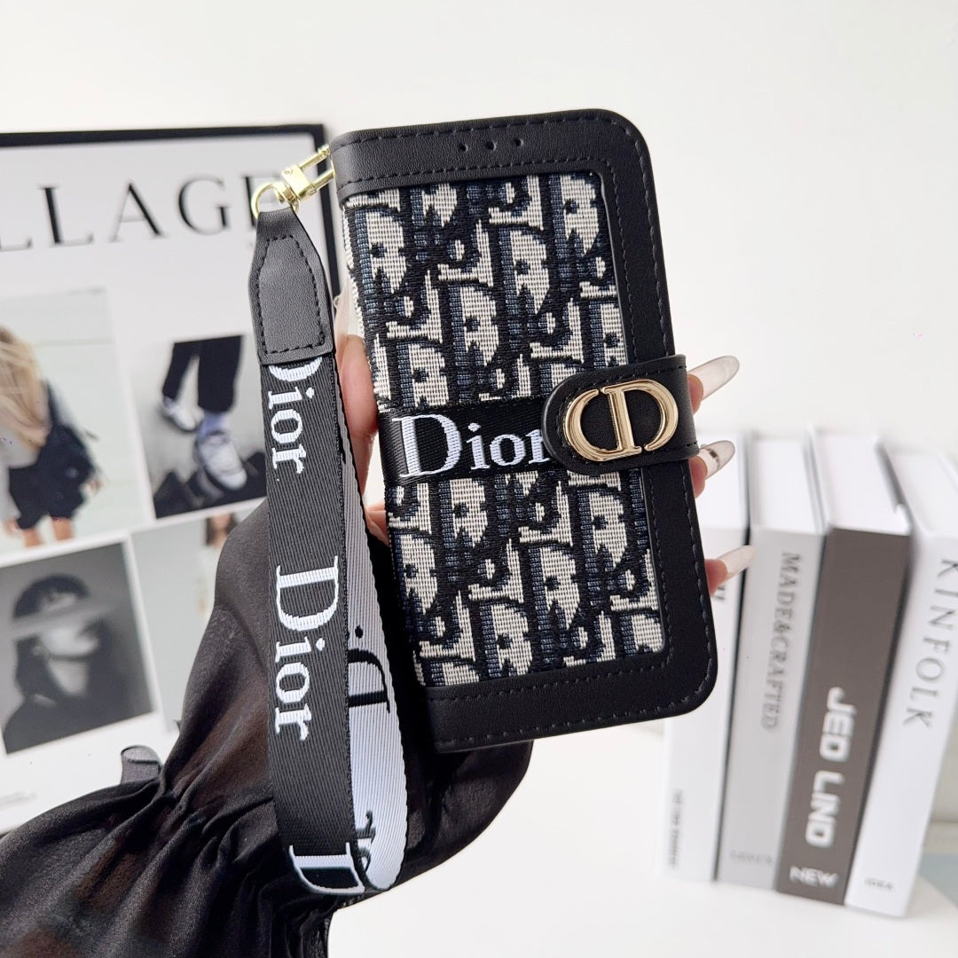 Dior Oblique Monogram Flip Wallet Phone Case With Brand Wrist Strap
