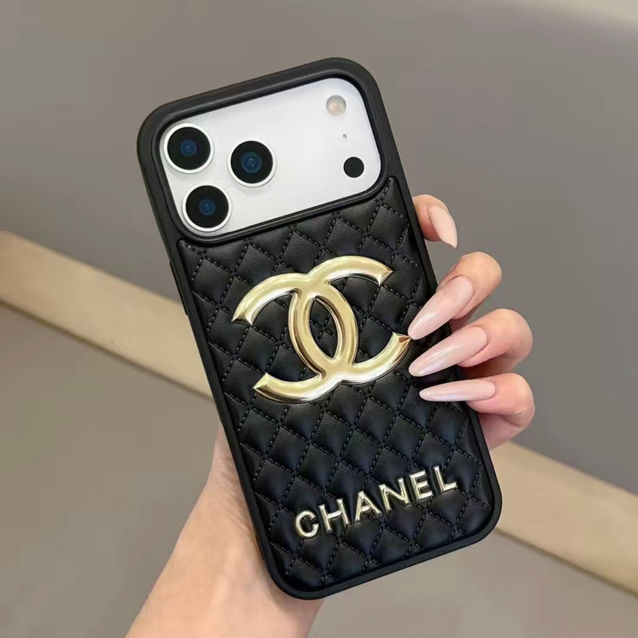 Chanel Classic Quilted Leather 3D Gold Logo Luxury Phone Case