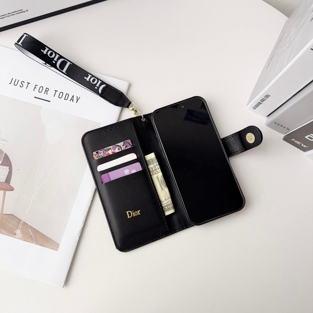 Dior Oblique Monogram Flip Wallet Phone Case With Brand Wrist Strap