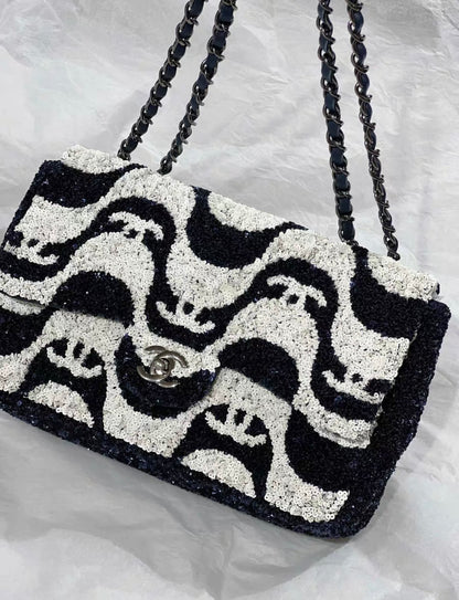 Chanel 21C Black And White Sequin Graffiti Logo Medium Classic Single Flap Ruthenium Hardware