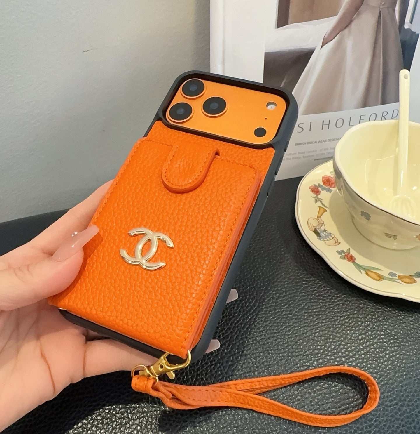 Chanel Style Leather Flip Card Holder Crossbody Phone Case