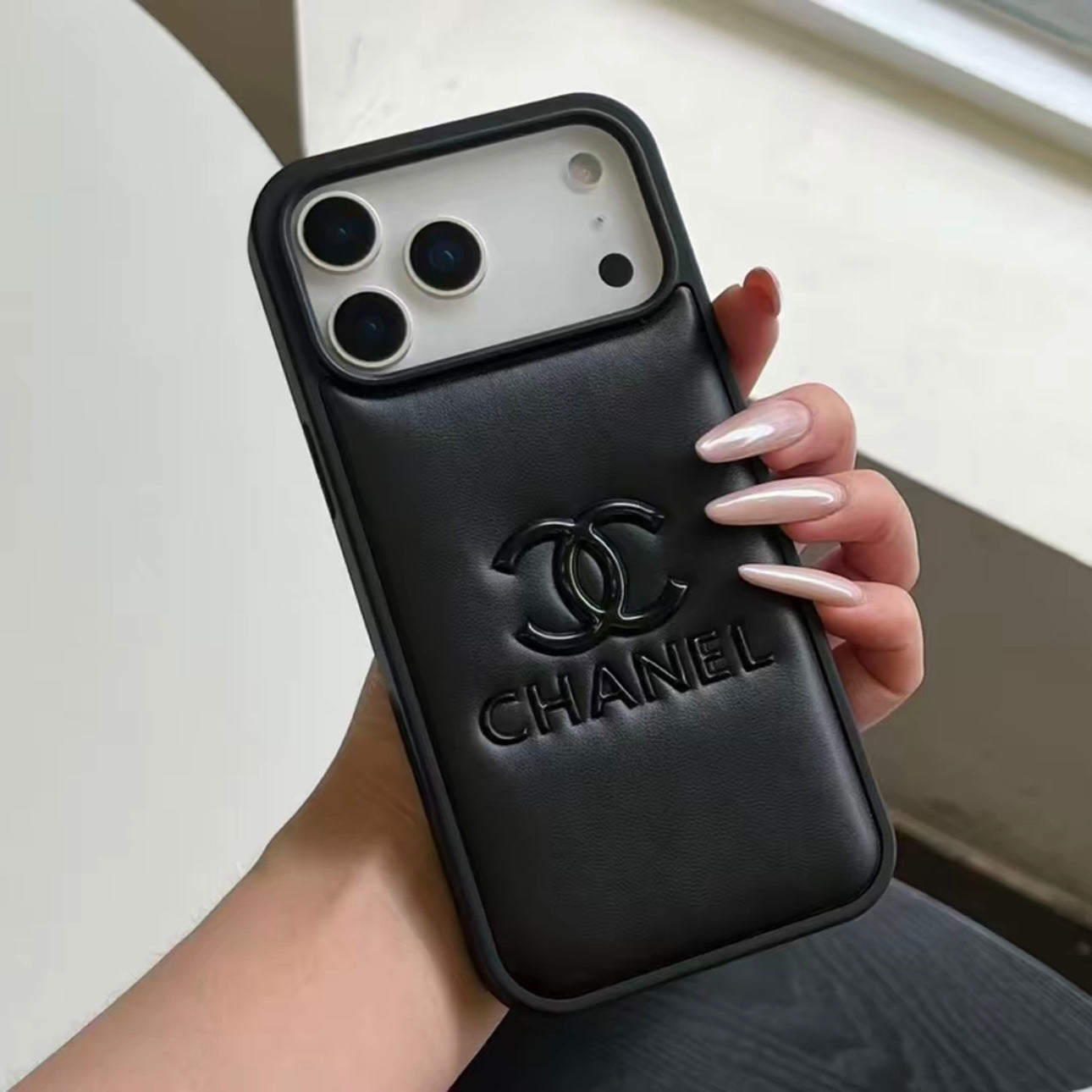 Chanel Classic Quilted Leather 3D Gold Logo Luxury Phone Case
