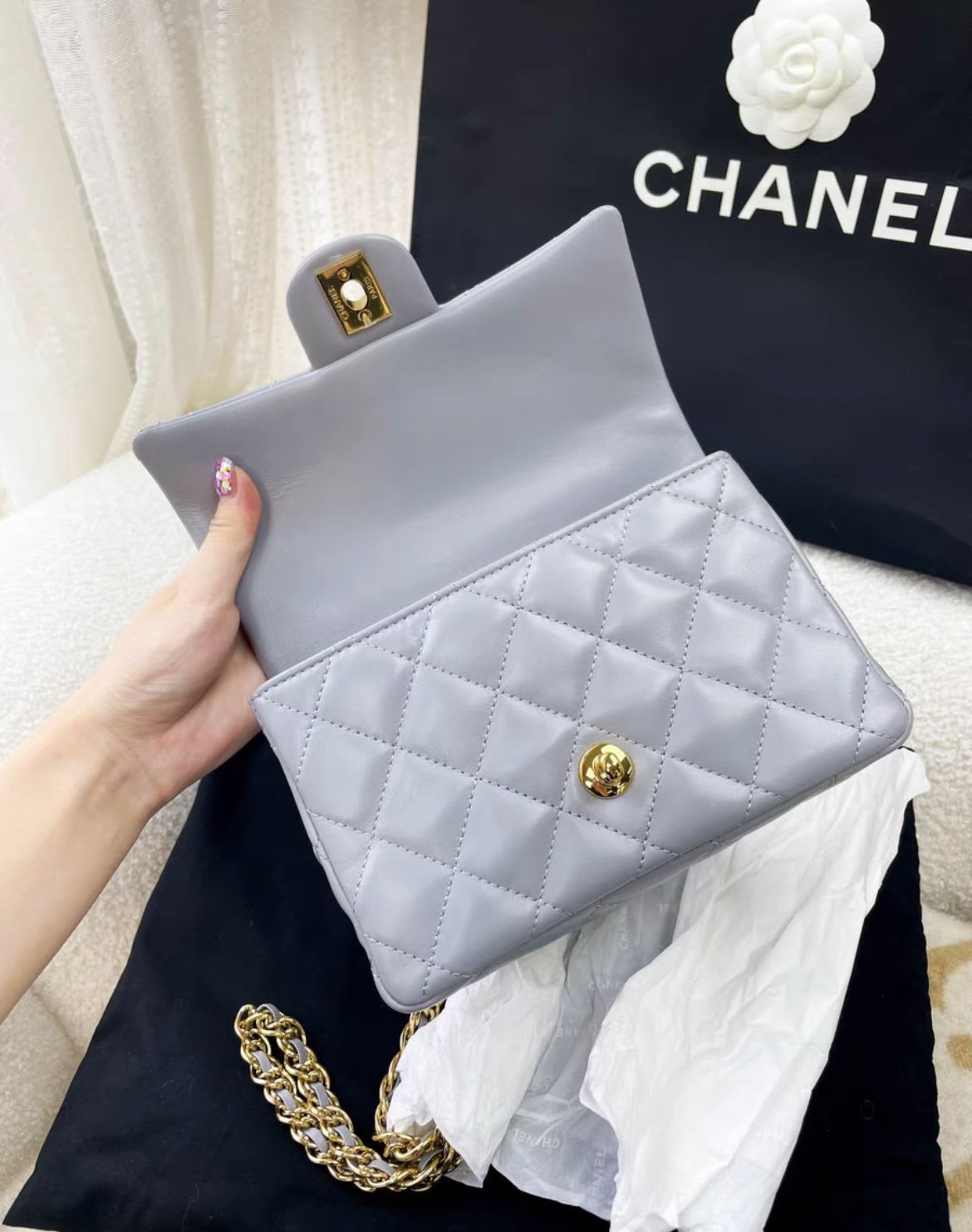 Chanel 23Aw Gray Leather Chain Bag