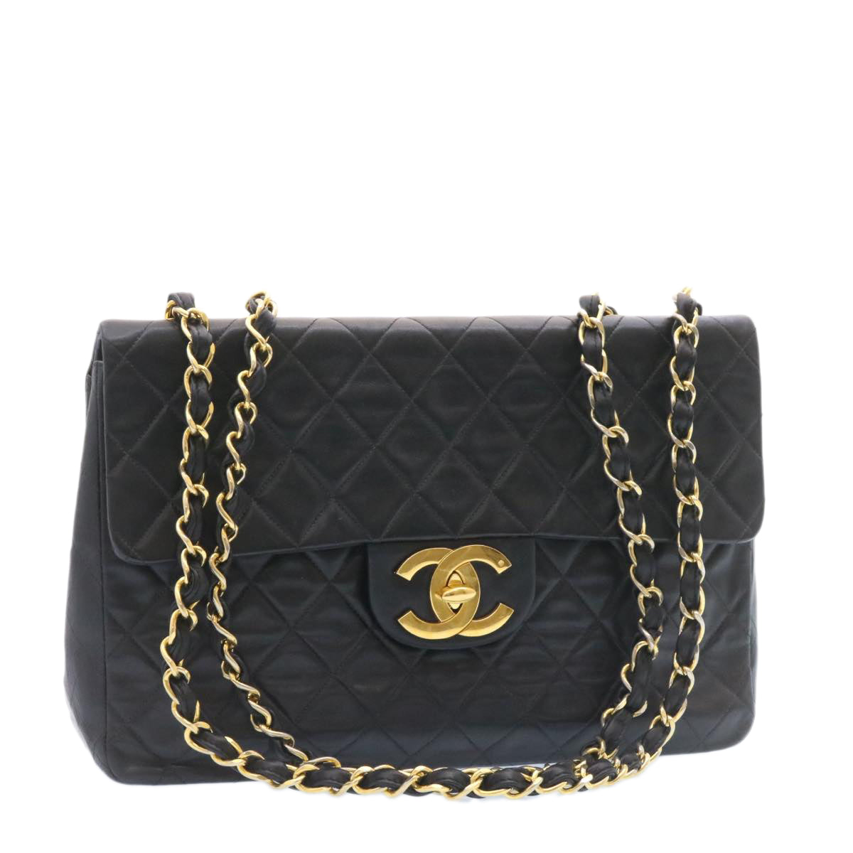 Chanel Big Matelasse Flap Chain Shoulder Bag Lamb Skin Black Gold Auth am1276gA