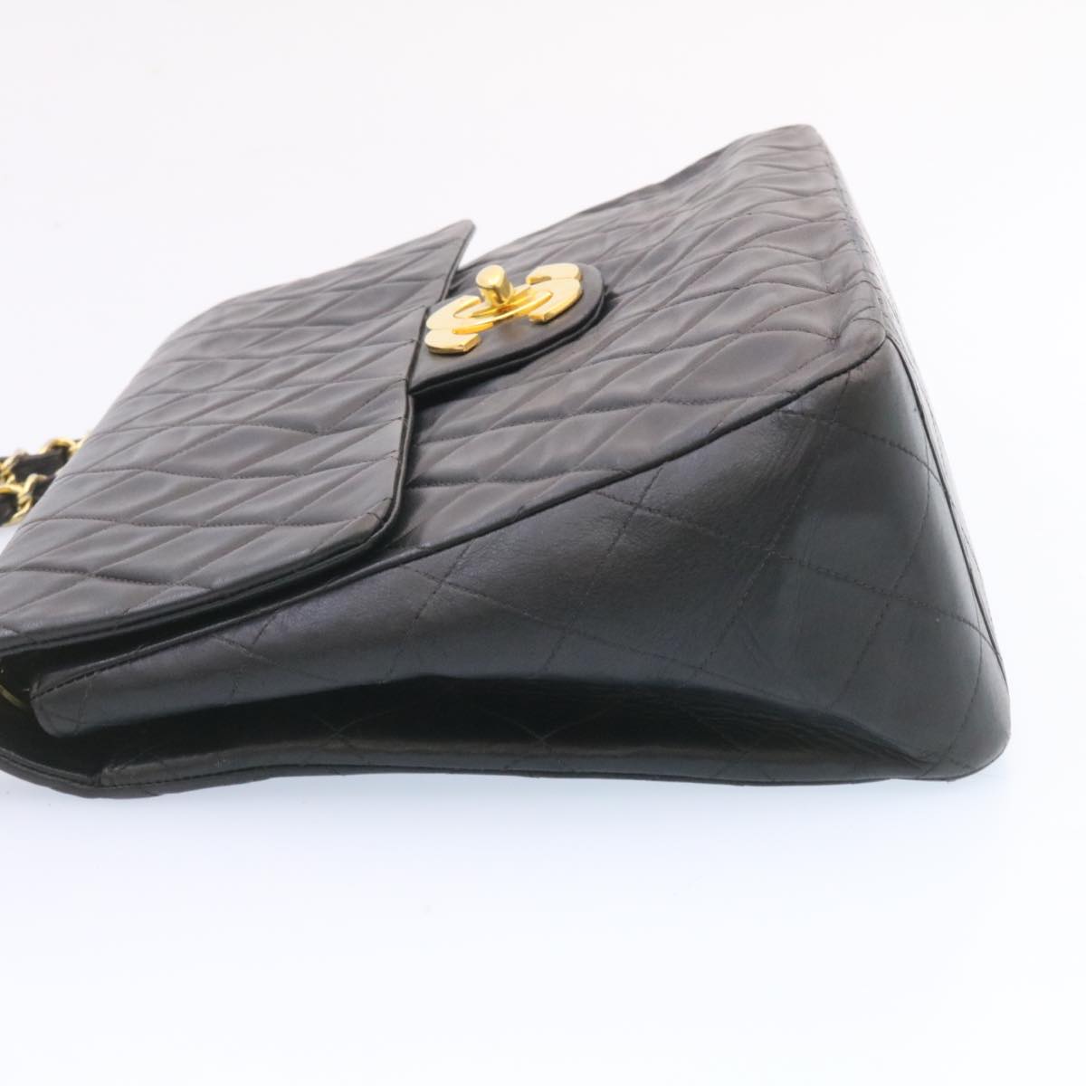 Chanel Big Matelasse Flap Chain Shoulder Bag Lamb Skin Black Gold Auth am1276gA