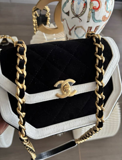 Chanel Seasonal Flap Bag Black And White Velvet With Gold Hardware