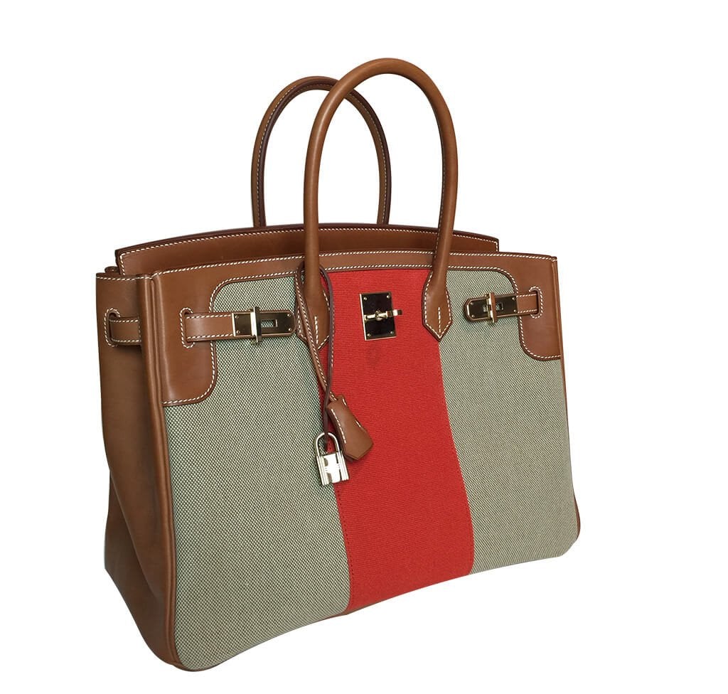 Luxury Hermes Birkin 35 Flag Bag Tan Orange Toile Limited Edition