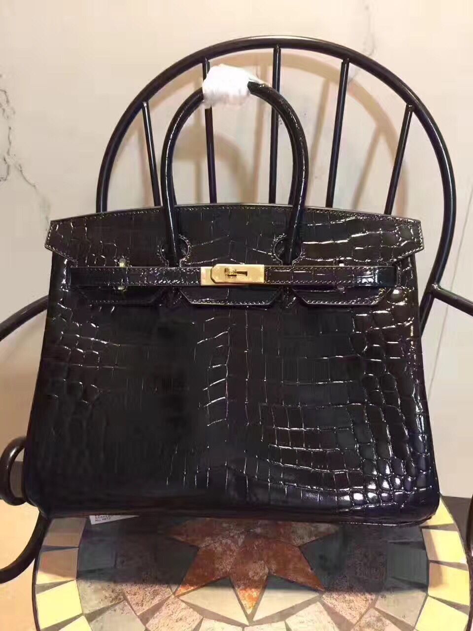 Luxury Hermes Birkin 35Cm Crocodile Leather Handbag Black Gold